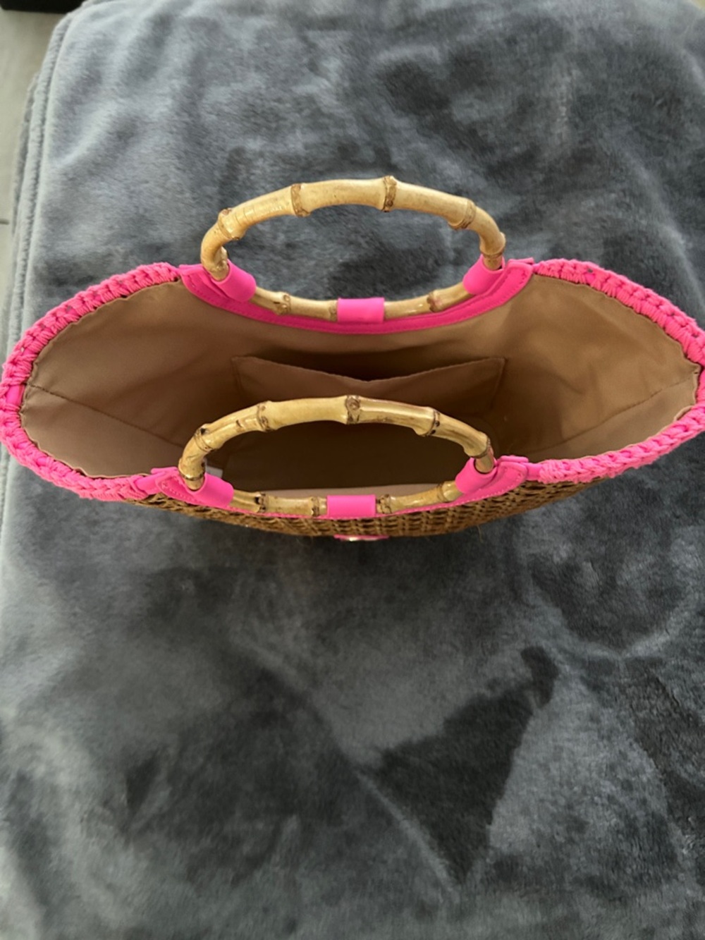 Lilly Pulitzer Mini Woven Bamboo Tote with Hot Pink Trim - Picture 3 of 3